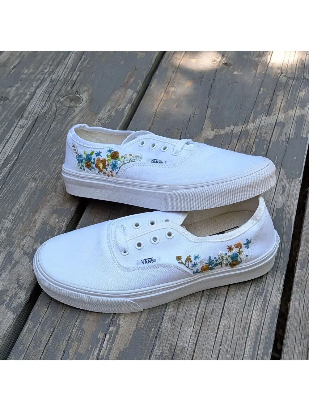Brand New Custom Embroidered Vans Authentic White Floral Cottagecore Womens 7